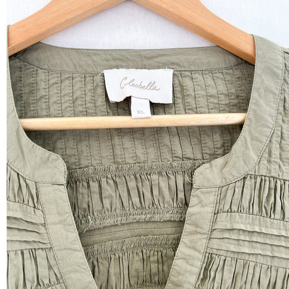 Cleobella River Blouse XL Women's Peasant Pintuck Cotton Olive Green Peasant - Picture 5 of 8